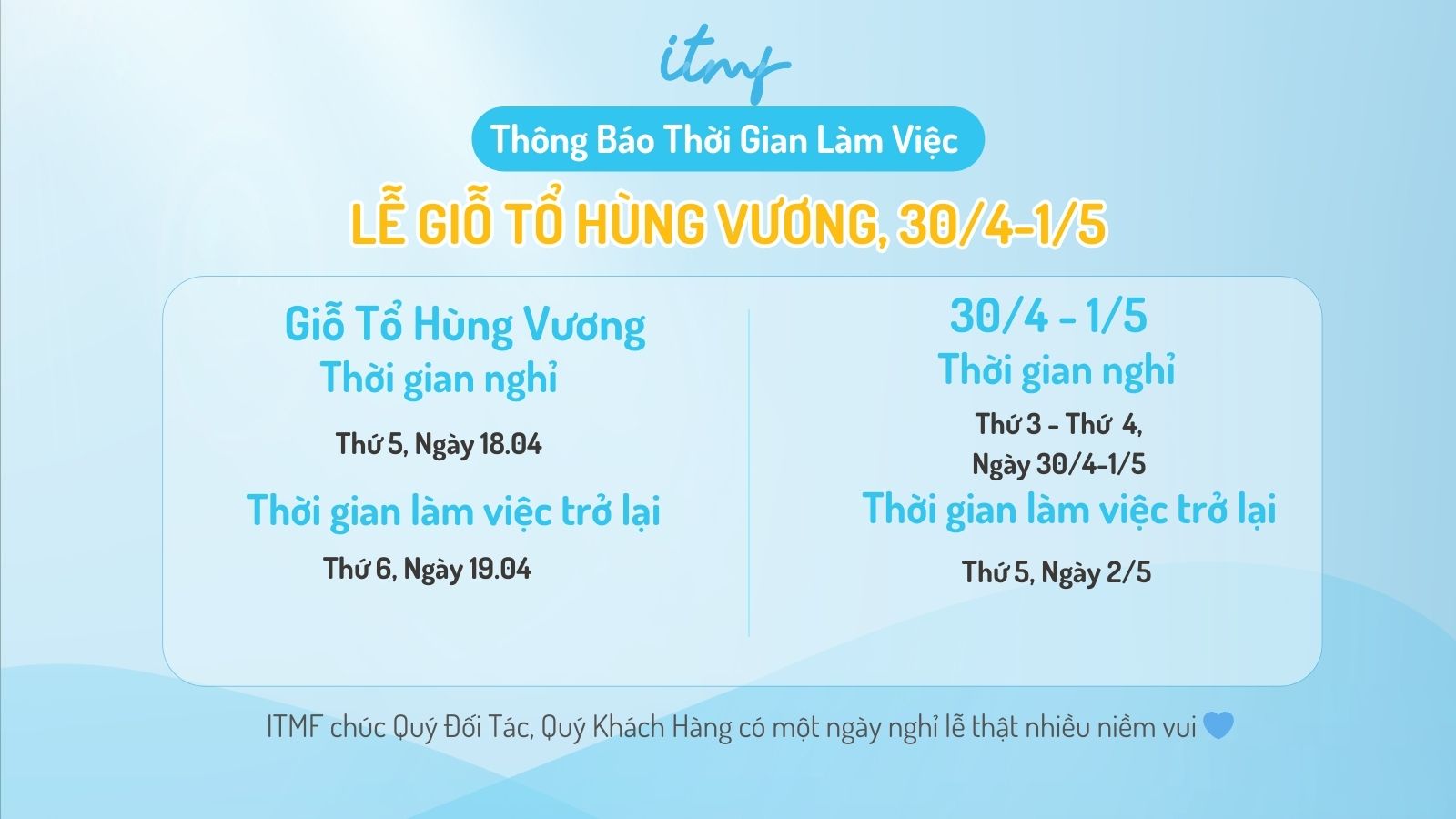 ITMF Gửi Quý Đối Tác, Quý Khách Hàng Thời Gian Làm Việc Dịp Lễ Giỗ Tổ Hùng Vương, 30/4 - 1/5