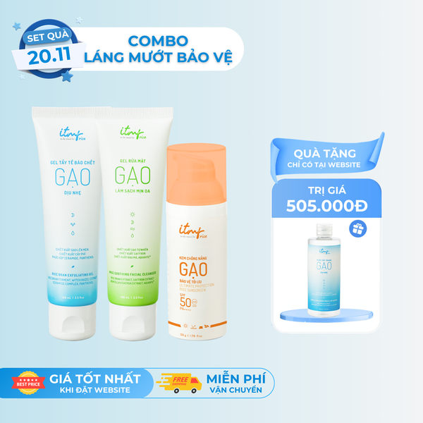 [Combo Láng Mướt Bảo Vệ] Gel Rửa Mặt Gạo, Gel Tẩy Tế Bào Chết Gạo Và Kem Chống Nắng Gạo ITMF