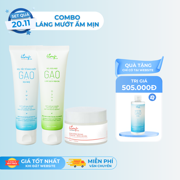 [Combo Láng Mướt Ẩm Mịn] Gel Rửa Mặt Gạo Làm Sạch , Gel Tẩy Tế Bào Chết Gạo Và Kem Dưỡng Ẩm Gạo ITMF